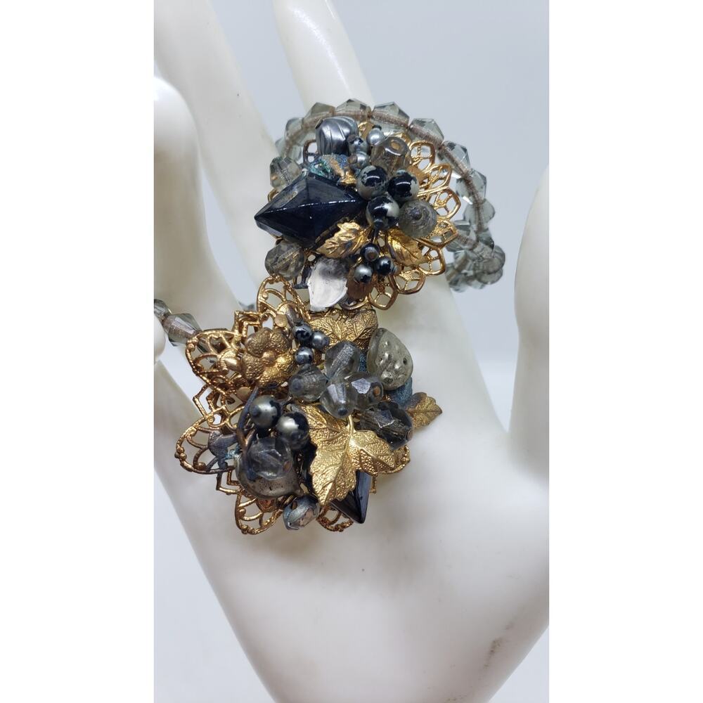 Vintage Bracelet Wrap Around Glass Bead Rhinestone Filigree Haskell Style 1950s